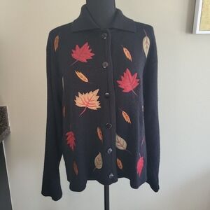 VINTAGE K. B. Collections Embroidered Fall Leaves‎ Cardigan  Women's L Black